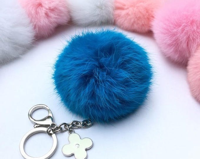 Silver Summer Series Sky Blue Rabbit fur pompom keychain ball with flower bag charm