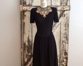 Vintage 1940s Black Crepe Hourglass Dress Sheer Sequins Gold Neckline Medium 29 Waist