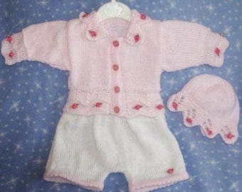 Baby Knitting patterns ref01 Cardi and Cap with lacy knitted edges and matching Shorts size 0-3mths