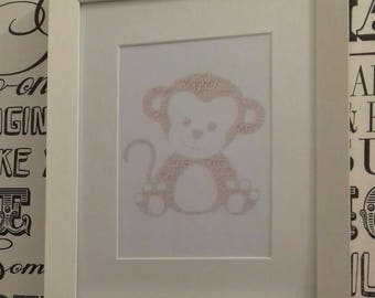 Monkey Word Collage, Framed Home Decor, Word Art, Jungle Wildlife, Nursery Childs Room Hanging, Childs Gift, Christmas, Birthday,