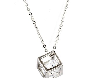 Cube crystal silver necklace