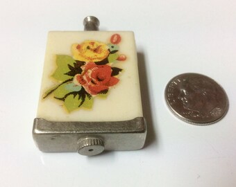 Unusual Vintage Miniature Purse Sized Powder Dispenser Celluloid Floral Decoration