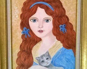Acrylic painting "Portrait of a romantic girl with kitten"
