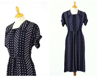 Vintage 1940s black floral print rayon dress - size L