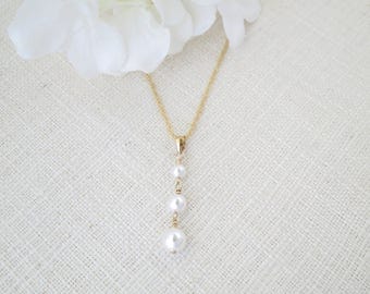 Wedding necklace, Simple pearl necklace, Gold bridal necklace, Graduated Swarovski pearl pendant necklace, Bridesmaid necklace