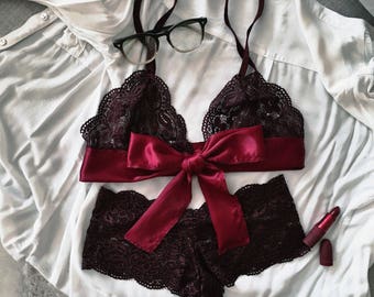 Day Dream wine lace lingerie set - soft bra and French style panties, handmade lingerie