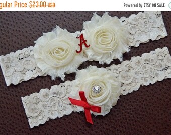 ON SALE Alabama Crimson Tide Wedding Garter Set, University of Alabama Garter, Alabama Crimson Tide Bridal Garter Set, Ivory Lace Wedding Ga