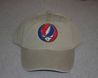 Grateful Dead Steal Your Face Center On a Stone Color Adams Brand Twill Unstructured Baseball hat --- FREE Shipping ---