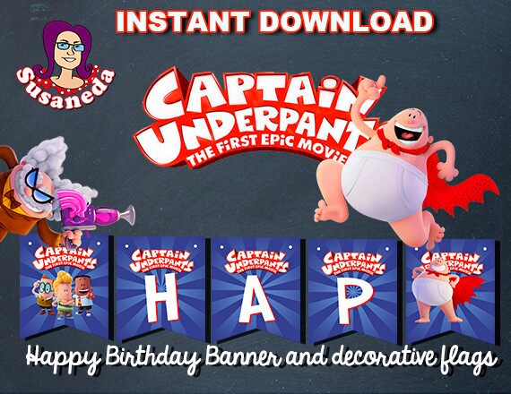 CAPTAIN UNDERPANTS Birthday Banner Printable in English.