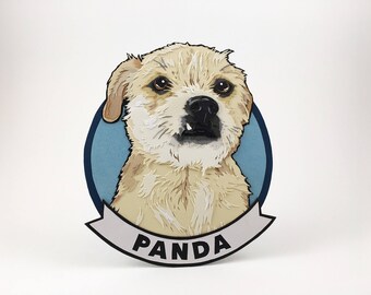 Custom Pet Portrait PaperArt - circle with border + name badge / gift ideas pet memorial art handmade dog art