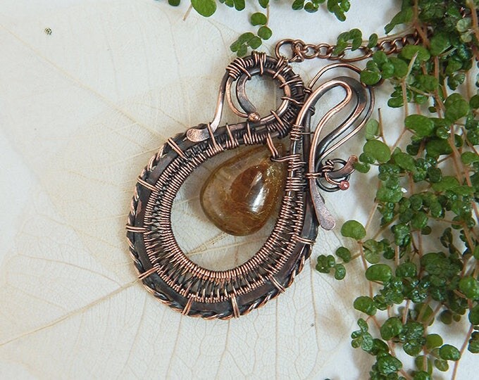 Wire wrapped pendant with golden rutile quartz, Copper Wire winding, Fantasy style, Birthstone, Natural stone, Semi precious unique jewelry