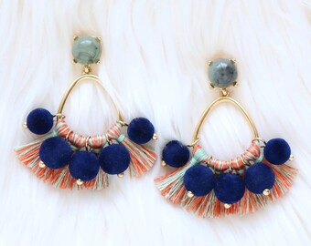 Pom pom earrings, tassel earrings, beaded tassel earrings, statement earrings, blue earrings, earrings pompom, tassel, statement jewelry