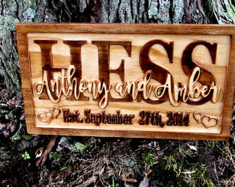 Personalized Carved Wedding Sign - 5 year Anniversary Gift - 5th Anniversary Gift for Her - Established Name Plaque - Custom Heart Name Sign