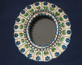 Mirror Punched Tin Art/Handmade Mexican Folk Art Small Oval Mirror/White Tin Mirror Blue Green Flowers/Vintage Mexican Tin Art Oval Mirror