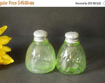 On Sale Green Swirl Depression Glass Salt & Pepper Shakers, Vaseline Glass