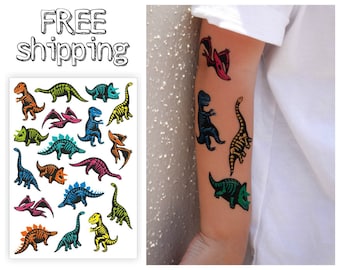 Temporary tattoos "Dino skeletons". Kids body stickers with dinosaurs, skeletons and skulls. Halloween party bag supply. TA053
