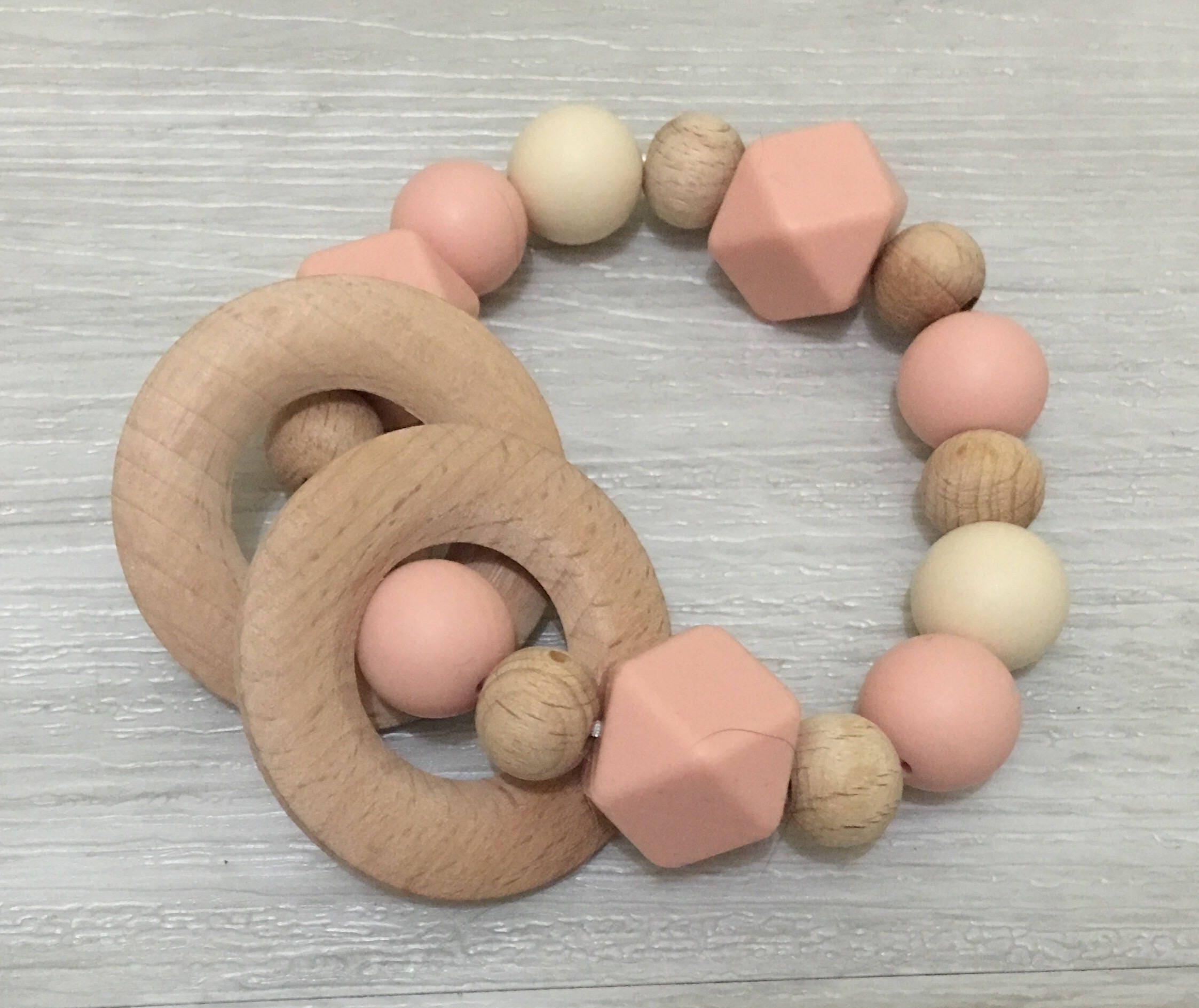 silicone wooden teether ring teething rattle baby shower gift