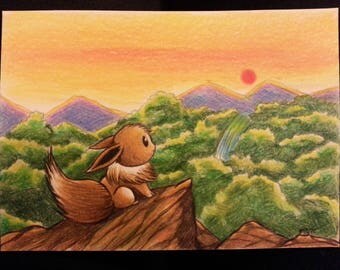 Original drawing "Eevee" with a landscape background colored pencil drawing in postcardsize