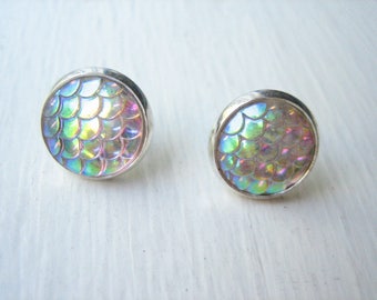 Mermaid stud earrings, resin white studs, iridescent silver studs, resin mermaid scale earrings, clear rainbow stud