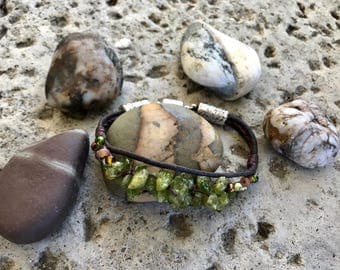 Peridot Nugget and Leather Cord Magnetic Clasp Bracelet