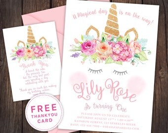 Unicorn invitation, Unicorn party, First birthday invitation, unicorn cake invitation, first birthday, baby girl, unicorn crown, unihorn