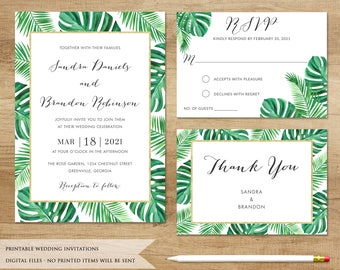 Tropical Wedding Invitation. Tropical Leaves. Beach Wedding Invitation. Boho Wedding Invitation. Tropical Wedding. Philodendron Palm Leaf.