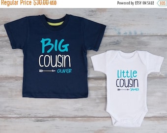 LATE SHIP SALE Big Cousin Little Cousin Personalized Shirts, Navy T-Shirt & White Baby Bodysuit Set, Cousin Shirts, Big Cousin Shirt, Cousin