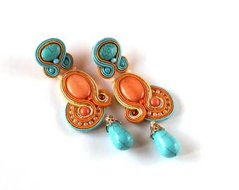 Clip largo colorido en pendientes Soutache única, pendientes hechos a mano, joyería de Soutache, Soutache hecha a mano aretes verano, regalo para mujer