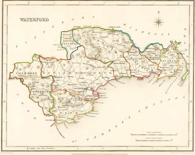 Irish Map - County Waterford Ireland - Antique Map 1837 - Free International Shipping