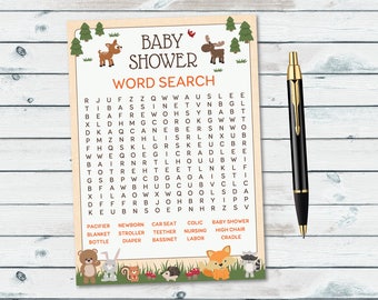Woodland Word Search Game Printable, Word Search Game, Woodland Baby Shower Game, Baby Word Search