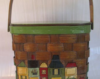 Vintage Caro Nan Purse Caro-Nan Wood Basket Purse with Hand Painted Shop or Village Scene Irvings Wooden Handbag
