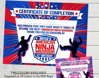 American Ninja Warrior Certificate Thank you Favor for ANW Birthday Party Participation Certificate of Completion Girls or Boys Australian