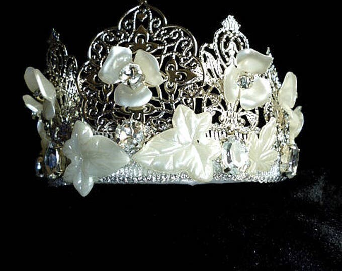 Silver Wedding Crown Earrings Pearl Flowers Delicate Jewelry Bridal Set Floral Pearl Headpiece rhinestone White metal Filigree bridal hair