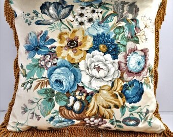 Vintage Fabric fringed Cushion in Blue Florals by Sanderson