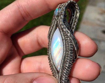 Rainbow moonstone and Opal wire wrapped pendant