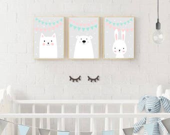 Set of Three Nursery Art Prints , Kids Wall Art, Animals garland