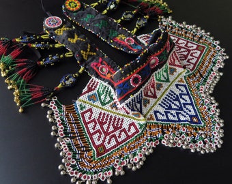 BEADED KUCHI BELT - Triple Vintage Kuchi Beaded Panels Belt with Tassels