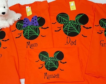 Custom Personalized Halloween Disney Mickey or Minnie on Black or Orange Short Sleeve T-shirts - Optional Back Text and Number
