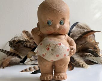 Vintage latex Seiberling Baldy baby boy toy doll hard plastic red polka dot figurine kids nursery decor collectible kitschy chubby