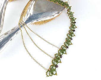 Contemporary asymmetrical necklace. Handmade tatting lace necklace. Green. Bronze beads. Art Nouveau. Elegant. Frivolite. Gift for her.