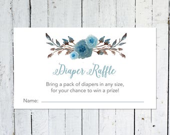 Diaper Raffle Ticket, Floral, Antler, Boy, Blue, Rustic, Instant Download
