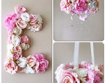 Baby mobile and matching 18" flower letter, Floral mobile, Floral letter, mobile with genuine Swarovski crystals, Nursery decors, Crib mobil