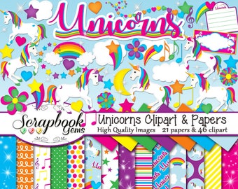 UNICORNS Clipart and Papers Kit, 46 png Clip Arts, 21 jpeg Papers Instant Download magical horse magic rainbow sparkle little girl birthday