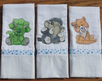 Diaper Burp Cloths ~ Machine Embroidered ~ Personalized Baby Shower Gift ~ Set of 3 Old Toy ~ Triceratops ~ Mammoth ~ Saber Tooth Tiger