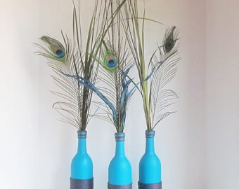 Peacock Feather Wine Bottle Set, Wine Bottle Decor, Twine Wrapped Bottles, Rustic Decor, Hand Painted Bottles, Recycled Bottles