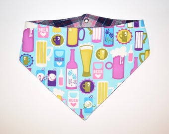 Girls Brew Too!, Beer/Plaid Flannel, Reversible Dog Bandana, Snap Closure Bandana