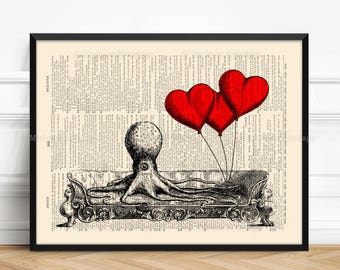 Heart Octopus, Octopus on Sofa, Wife Woman Gift, 8th Anniversary Gift, Valentines Day, Her 30th Birthday, Teen Girl Art Gift Love Poster 406