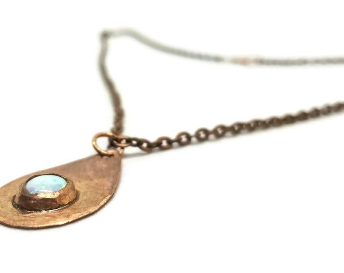 Copper Opal Pendant, October Birthstone, 14th Wedding Anniversary Gift, Lab Created 8 mm Opal Gemstone, Copper Gemstone Necklace