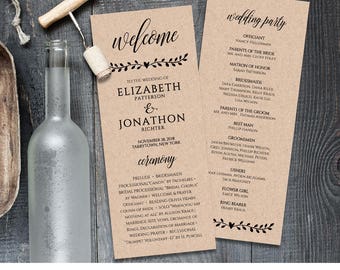 Printable Wedding Program Template, Order of Service, Rustic Wedding Ceremony Program, Instant Download, Fully Editable Template #NC-202WP