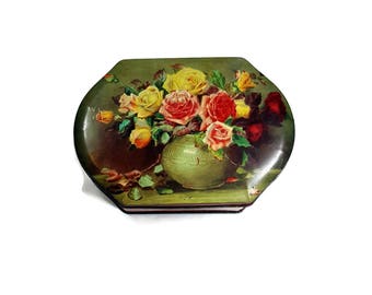 VINTAGE TIN Collectible Rileys Toffee Candy Tin Floral Hinged Tin Box from England Shabby Cottage